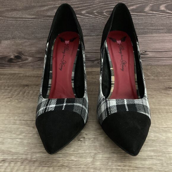 Penny Loves Kenny Plaid Heels SIZE 10 Black Velvet Pumps Pointed Toe - Picture 2 of 9